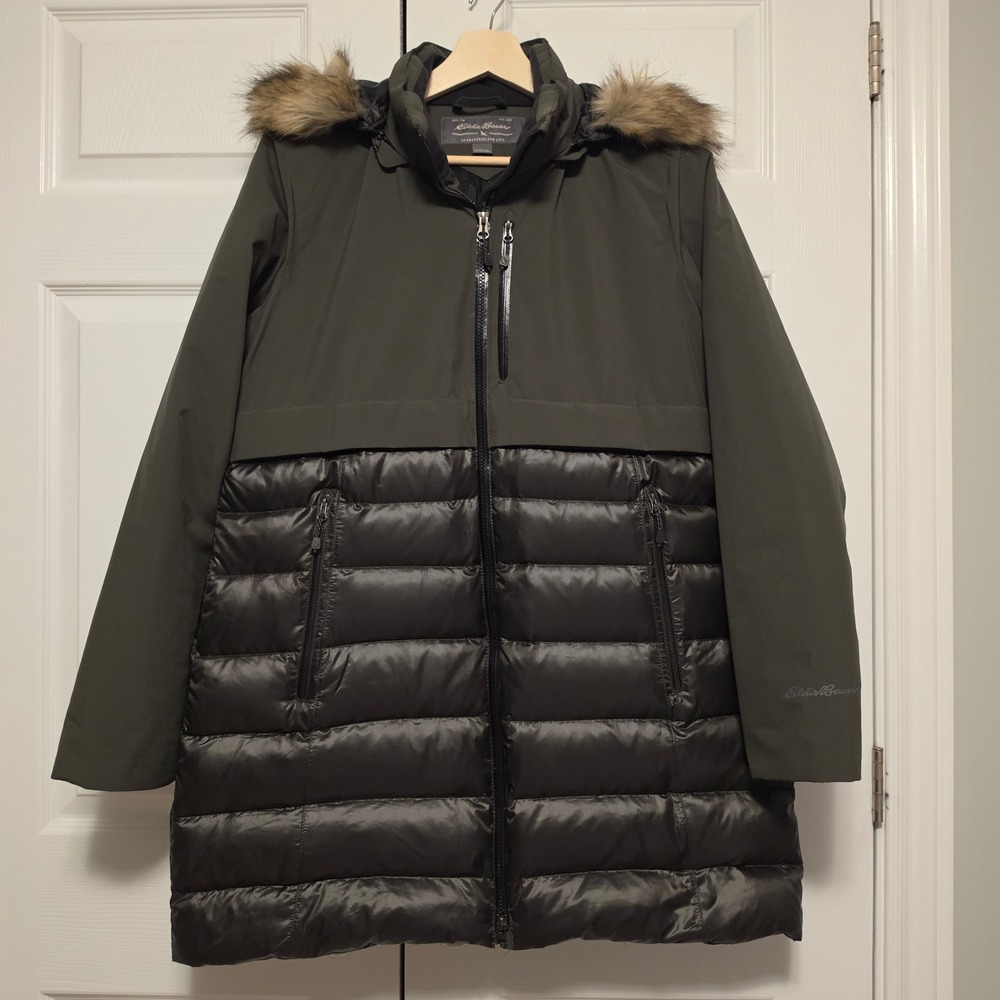 Eddie Bauer Mixed Media Puffer Parka Faux Fur Hood Olive Green XL
